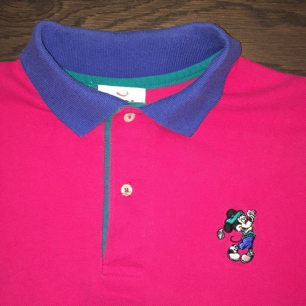 Vintage Pink Blue Walt Disney World Orlando Mickey Golf Polo Shirt XL mens WDW-1